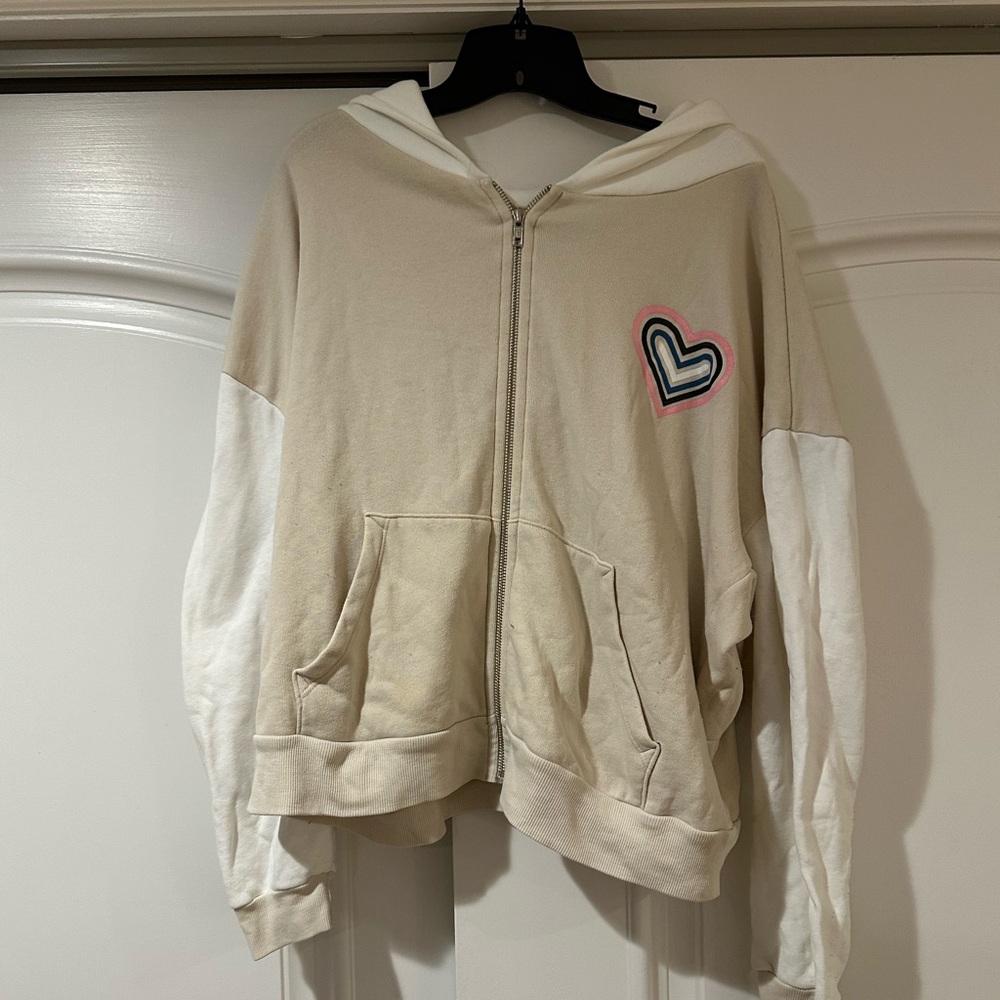 Wildfox Cream and White Zip Hoodie with Heart Patch